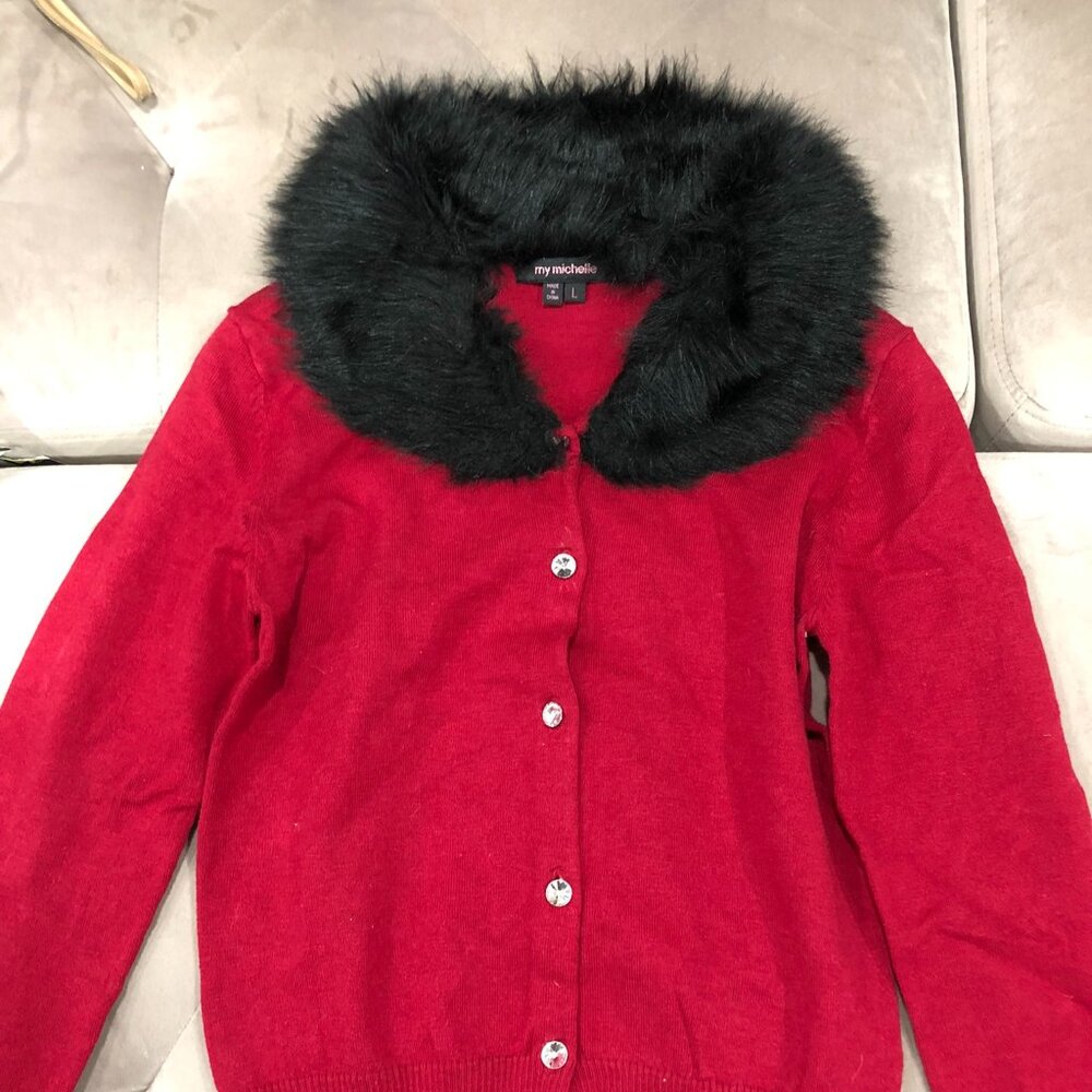 Red Button Cardign with Fur Hood